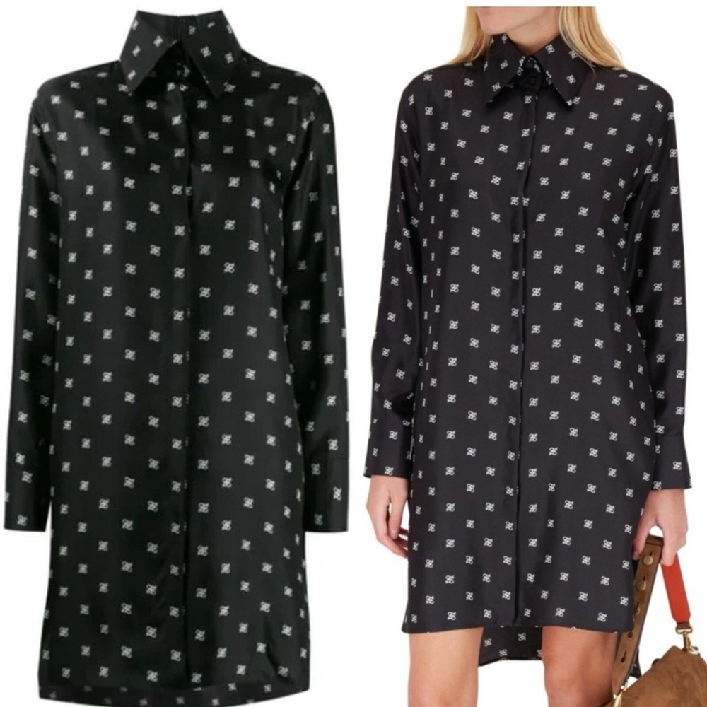 Fendi Size EU46 -US10 Silk Black &White calligraphy logo Mini Shirtdress